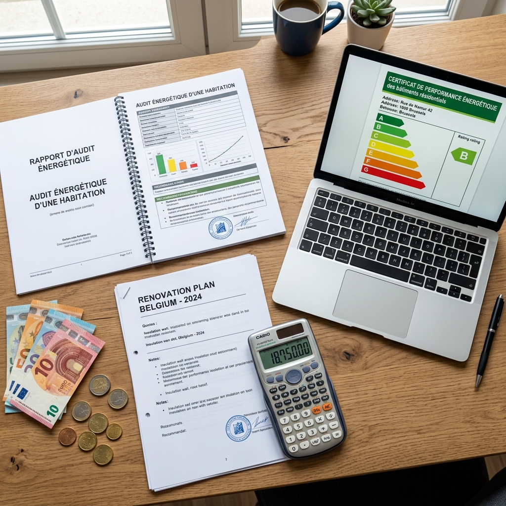 Documents d'audit énergétique, certificat PEB et billets d'euro pour les primes isolation toiture